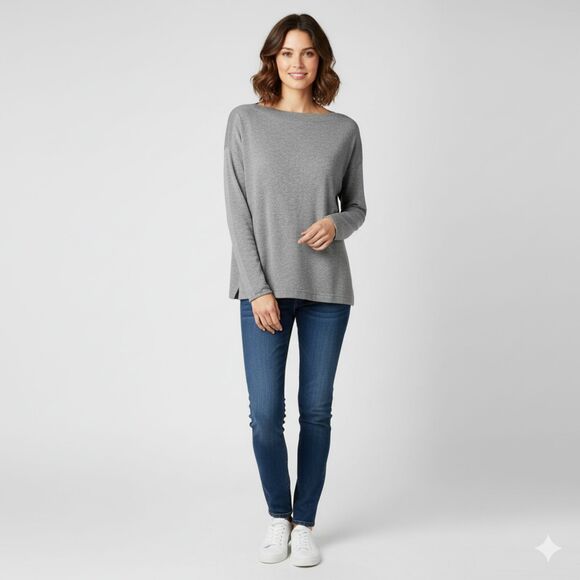 Vince Gray Cotton Boat Neck Sweater S Dolman Sleeve Boxy Premium - Picture 1 of 13